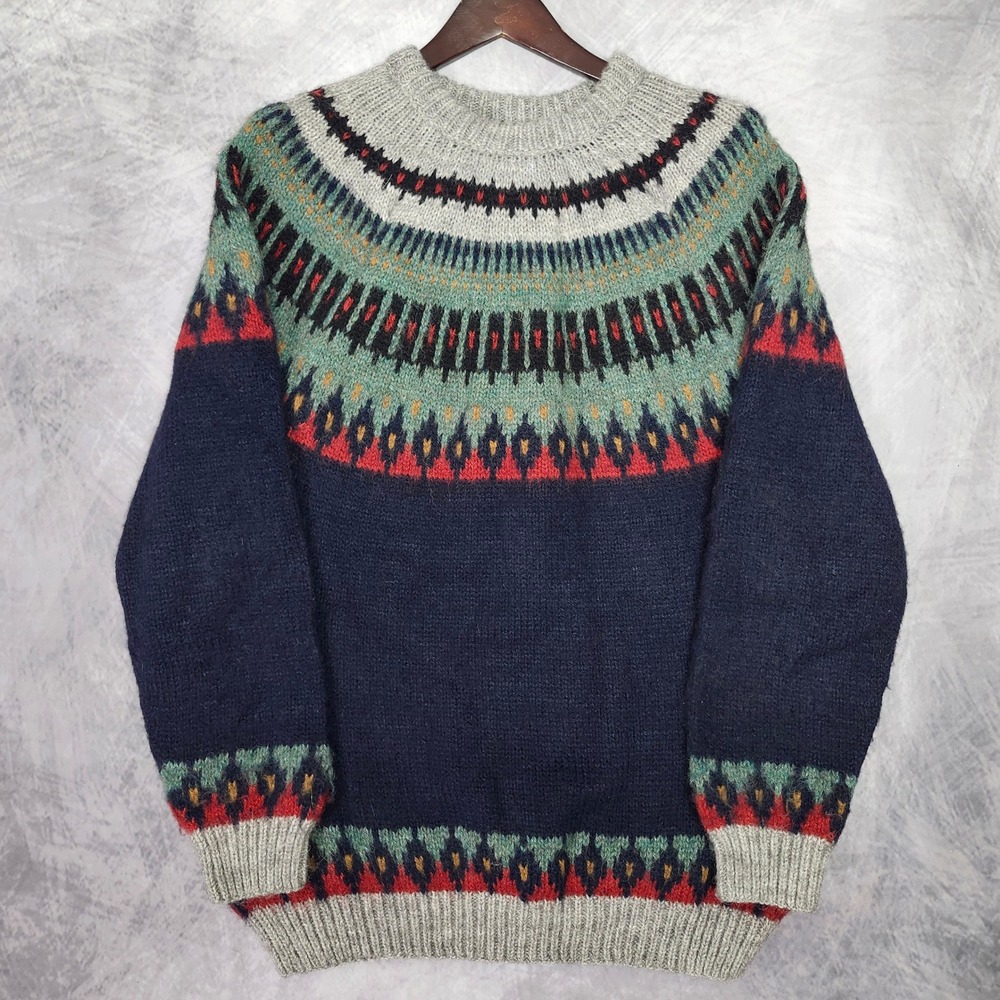 100% Alpaca Fair Isle Yoke Sweater Large Handmade in Peru Navy Nordic Cozy